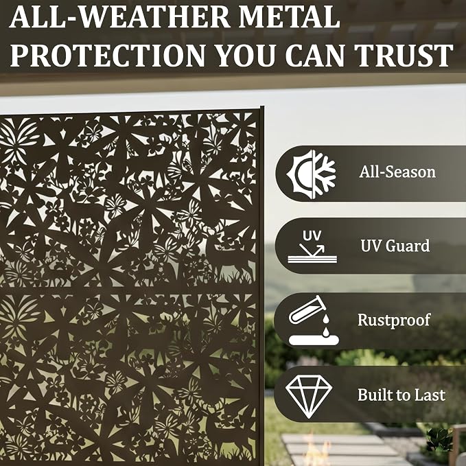 Metal Privacy Screen Outdoor 6FT – Freestanding Laser Cut Steel Garden Divider Panel with Stand, Decorative Modern Privacy Screen for Patio, Deck, Backyard & Balcony, Rustproof & Weather-Resistant