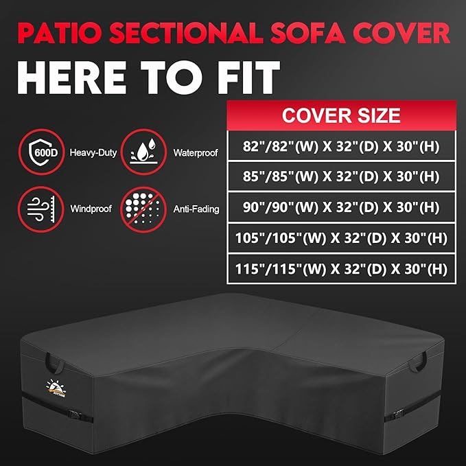 Zettum Outdoor V-Shaped Sectional Cover - 600D Patio Sectional Sofa Cover, Waterproof & Heavy Duty Patio Furniture Covers for Outdoor Sectional Sofa and Couch, 115x115 Inch Wide