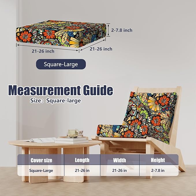 14Pcs Patio Stretch Cushion Covers, Outdoor Couch & Sofa Replacement Slipcovers for Patio Furniture Cushion Covers, Washable Reusable Furniture Protector, Square Large, Art Flower