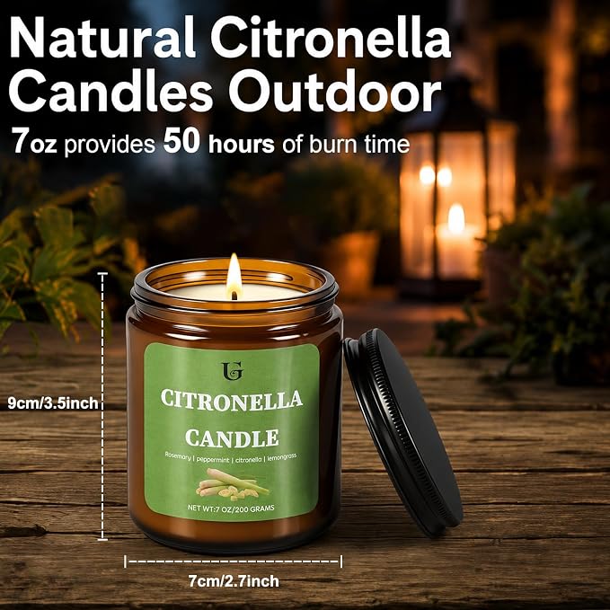 Citronella Candles Outdoor, Natural Soy Wax Outdoor Candles for Patio Backyard Garden Camping, Citronella Essential Oil Blend with Rosemary Peppermint & Lemongrass, 50 Hour Burn Time, 2 Pack 7oz