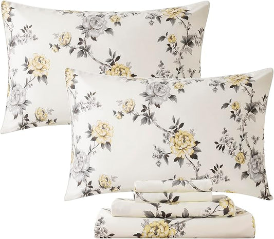 FADFAY Floral Sheets Set King Vintage Rose Floral Bedding Shabby Grey and Yellow Peony Sheets Farmhouse Bedding 800 Thread Count 100% Egyptian Cotton Soft Deep Pocket Fitted Sheet 4Pcs, King Size
