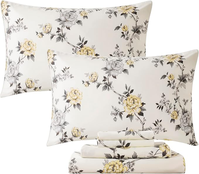 FADFAY Floral Sheets Set Full Vintage Rose Floral Bedding Shabby Grey and Yellow Peony Sheets Farmhouse Bedding 800 Thread Count 100% Egyptian Cotton Soft Deep Pocket Fitted Sheet 4Pcs, Full Size
