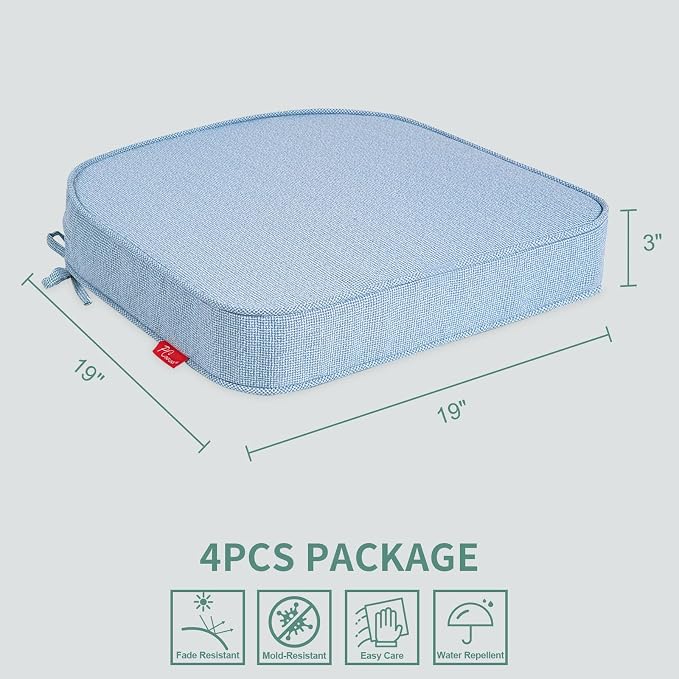 Outdoor Chair Cushions Set of 4, 19"x19" Water-Resistant Patio Cushions with Ties, High Density Foam U-Shape Seat Cushions for Patio Garden Chairs,Light Blue