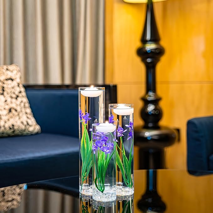 Floating Flower for Table Centerpiece Artificial Purple Orchid Glass Cylinder Vase Set with Floating Candles Fake Ice Cubes for Wedding Party Home Bar Restaurant Festival Decoration