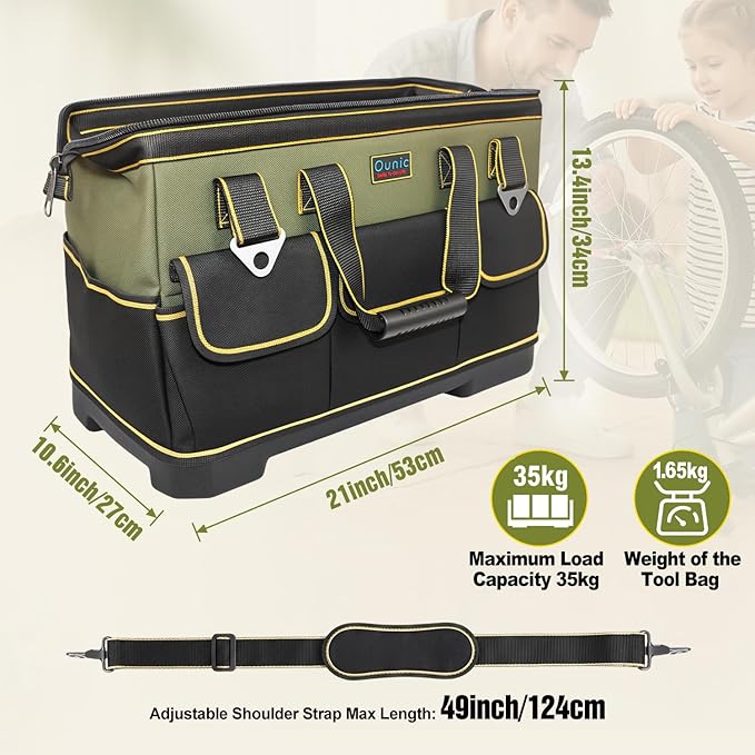 Tool Bag, Ounic 20 Inch Large Tool Tote Bag Heavy Duty With Waterproof Molded Base, Wide Mouth Tool Box Organizer with Adjustable Shoulder Strap for Electrician Mechanic Craftsman Plumbers(Green)