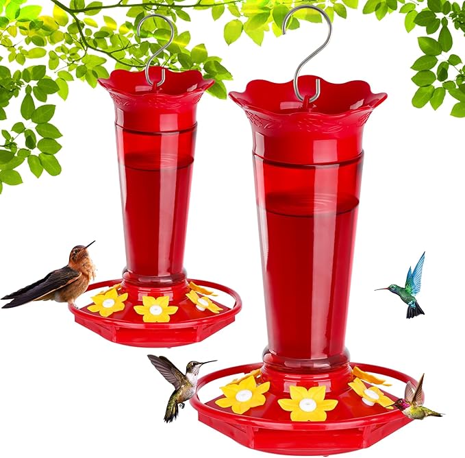 Gbekery 10 OZ Glass Hummingbird Feeders for Outdoors Hanging - Red 2 Pack, Ant & Bee Proof and 6 Feeding Ports, Garden Yard Décor Gifts for Mom