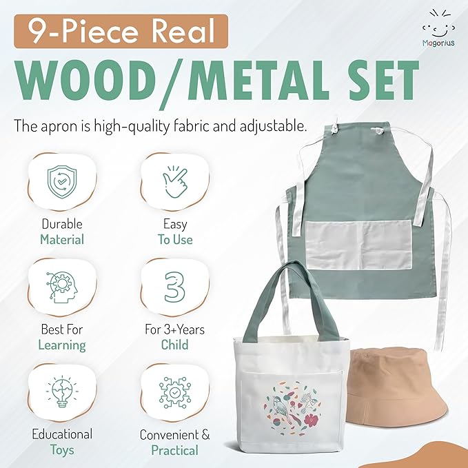 Kids Gardening Tools Set - 9 Piece Real Metal Tools with Sturdy Wood Handles, Includes Washable Apron, Hat, Tote Bag and Watering Can - STEM Outdoor Learning Gift for Boys and Girls.