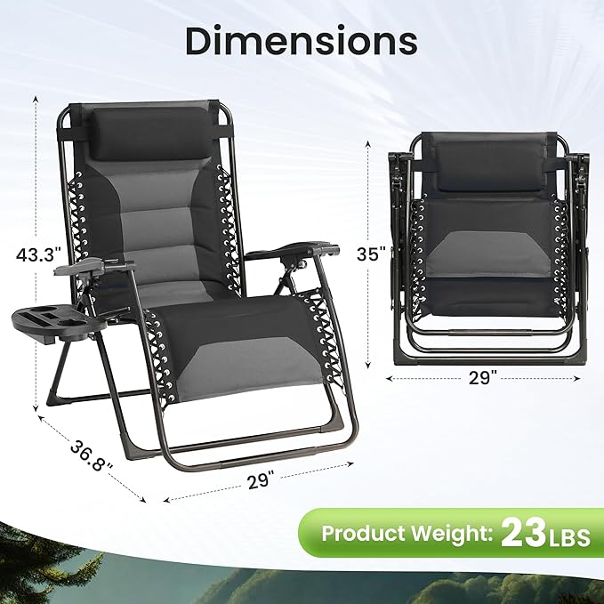 Zero Gravity Chair Oversized Padded Recliner with Adjustable Headrest & Cup Holder - XL 600D Oxford Folding Lounge Chair for Outdoor Camping, Patio, Poolside (Upgraded Black & Gray)