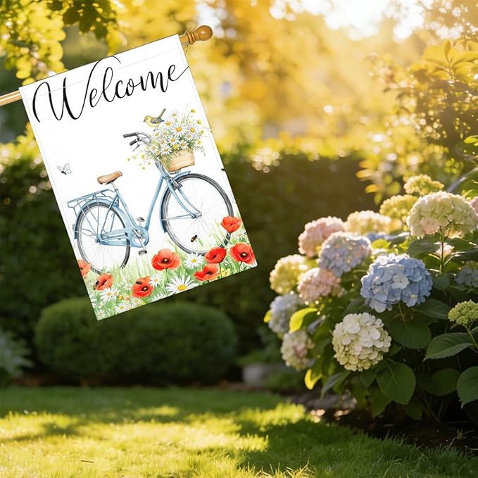 Mugod Bike House Flag Double Sided 28 x 40, Watercolor Wildflowers Spring Summer Burlap Large Flag House Seasonal Farmhouse Outside Outdoor Decoration