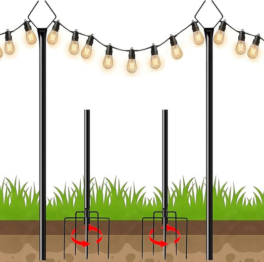 10FT Outdoor String Light Poles 2 Pack, Metal Light Stands with Fence Brackets for Hanging Lights, Patio, Pergola, Garden, Backyard, Yard & Camping Use