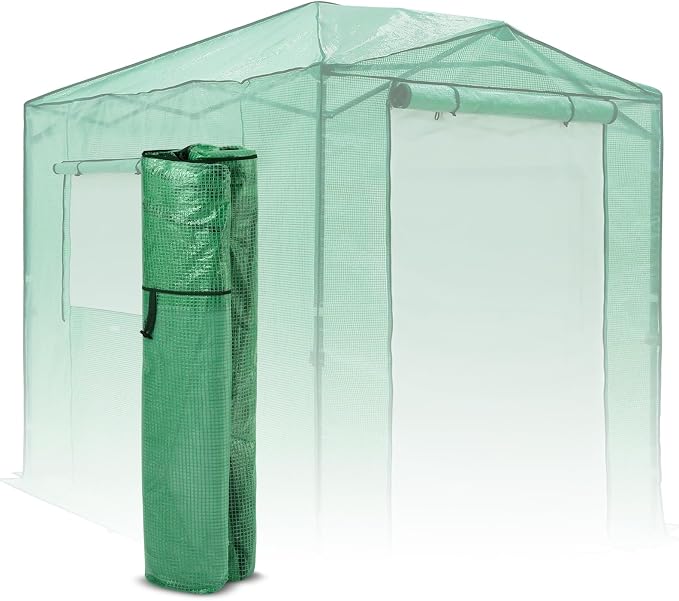 EAGLE PEAK Replacement Cover for 8x6 Portable Pop up Greenhouse, Dual Roll-up Zipper PE Door & Upgraded Screen Mesh Door and 2 Roll-Up Side Windows (Frame Not Included), Green