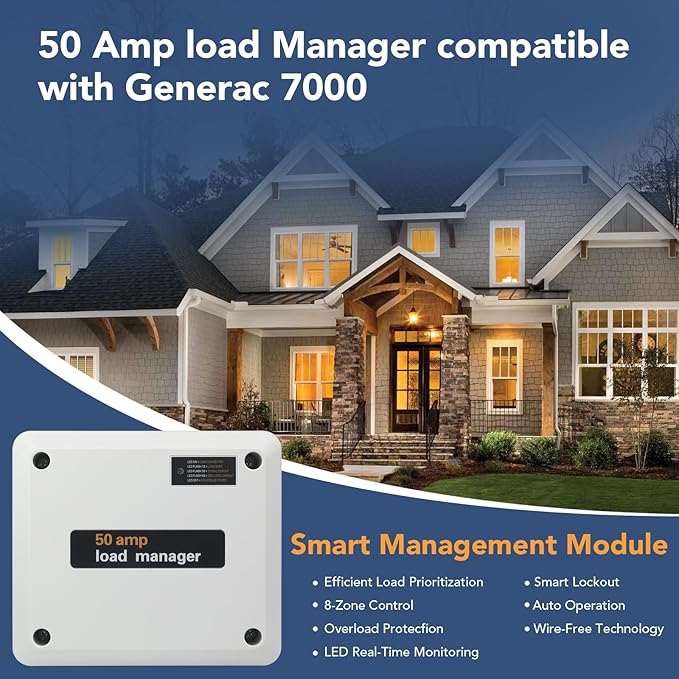 50 Amp Load Manager Compatible with Generac 7000, Smart Management Module with 8-Zone Control, Lock-Feature, Real-Time LED Monitoring and Wire-Free Technology