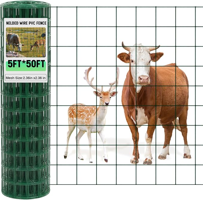Gisafai 16 Gauge Galvanized Welded Wire Fence 5 ft x 50 ft PVC Coated Hardware Cloth, 2.36" x 2.36" Mesh, Heavy Duty Garden Fencing Roll for Yard Chicken Dog, Deer Cattle & Animal Protection(Green)
