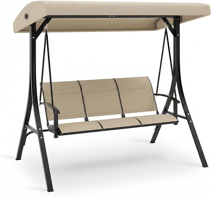 GarveeLife 3-Seat Patio Swing Chair, Outdoor Porch Hanging Chairs with Adjustable Canopy and Armrests, Breathable Textilene Fabric Seat & Backrest, Swing Bench for Garden, Poolside, Backyard, Beige