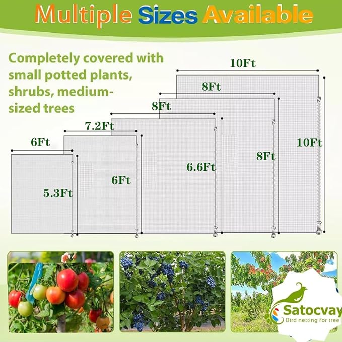 Fruit Tree Netting (3Pack, 10x10 FT)- Easy Install Plant Protection Cover, Reusable Garden Mesh Bag for Blueberry Bushes/Tomato - Block Birds/Insect/Squirrels