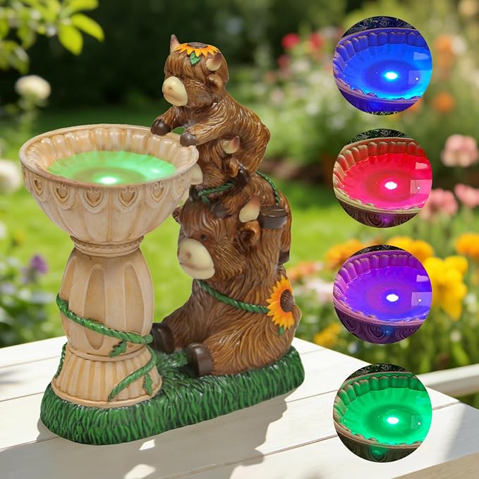 Sheaifun Solar Garden Statues Highland Cow Garden Decor Resin Highland Cow Statue with Bird Bath Feeder Light Animal Figurine Outdoor Yard Patio Lawn Decoration Gardening Gifts for Women 9.5 Inch