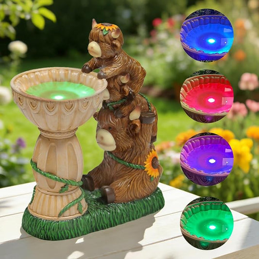 Sheaifun Solar Garden Statues Highland Cow Garden Decor Resin Highland Cow Statue with Bird Bath Feeder Light Animal Figurine Outdoor Yard Patio Lawn Decoration Gardening Gifts for Women 9.5 Inch