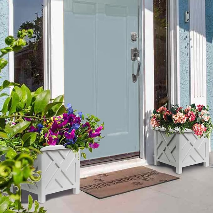 Trenton Gifts Chippendale White Planter Box Set of 2 - Elegant Outdoor Plant Pot for Patio, Porch Decor, and Garden Display