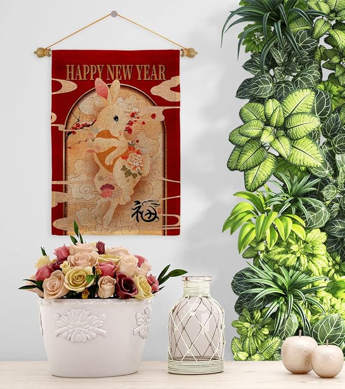 Lunar New Year of Rabbit Wall Tapestry Home Decor Burlap Banner Patio Porch Lawn Garden Flag Pole Room Decorations Indoor Outdoor Yard Sign Spring Gifts Prosperous Chinese Decoration Made in USA