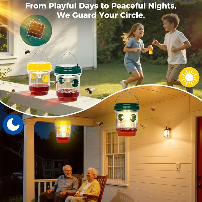 2 Pack Wasp Traps Outdoor Hanging, Carpenter Bee Traps for Outside, Yellow Jacket Trap Solar Powered Wasp Killer with UV LED Light, Bee Catcher Traps, Hornet Traps