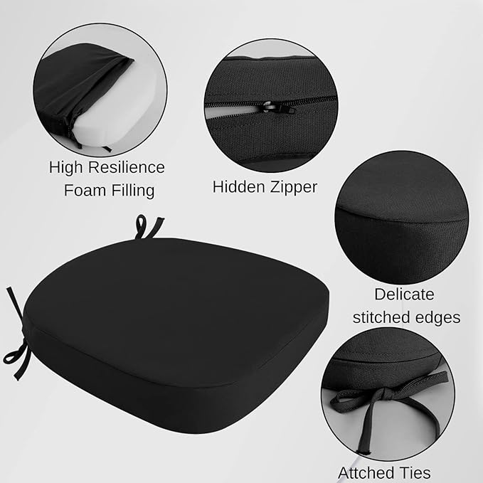 idee-home Outdoor Chair Cushions Set of 4, 17" x 17" Thick D-Shaped Patio Furniture Outdoor Seat Cushions Waterproof with Ties, Dining Pads