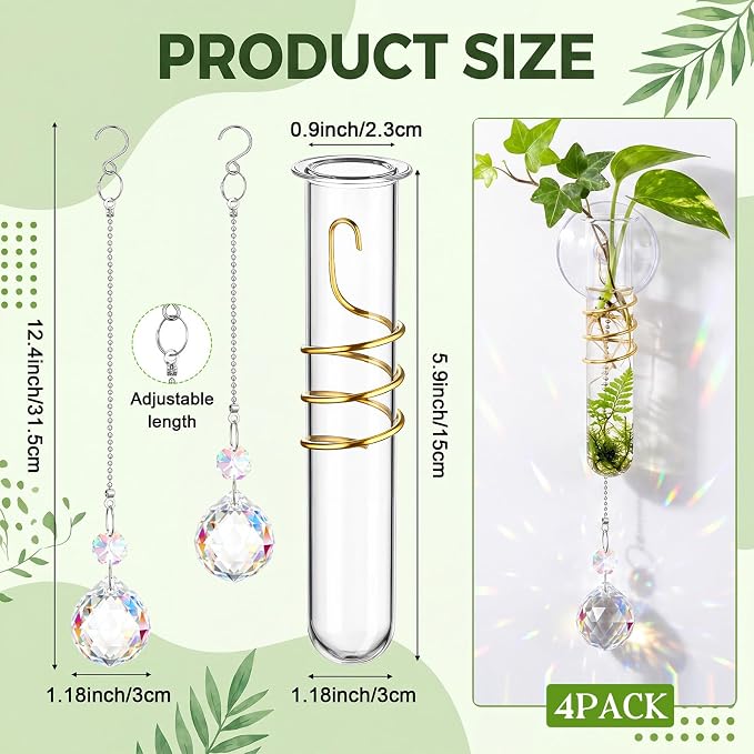 Zhehao 4 Set Window Hanging Propagation Stations 5.9'' Plastic Propagation Vases with Suction Cup & Crystal Pendants, Propagated Plant Holder Wall Jars for Home Office Garden Decoration Lover Gift