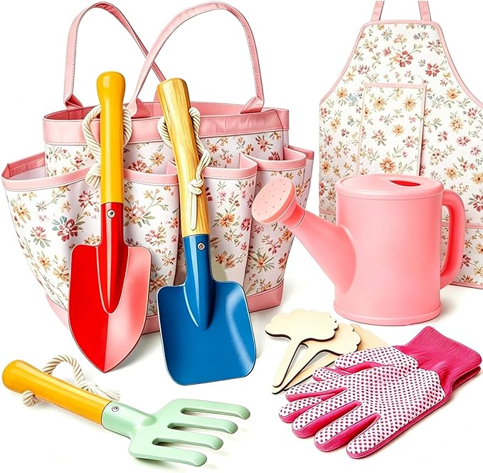 Kids Gardening Set - Gardening Tools for Kids includes Watering Can, Shovel, Rake, Gloves, Waterproof Apron and Garden Tote Bag, Children Garden Tool Outdoor Toys Gifts for Boys Girls Age 3 4 5 6 7 8