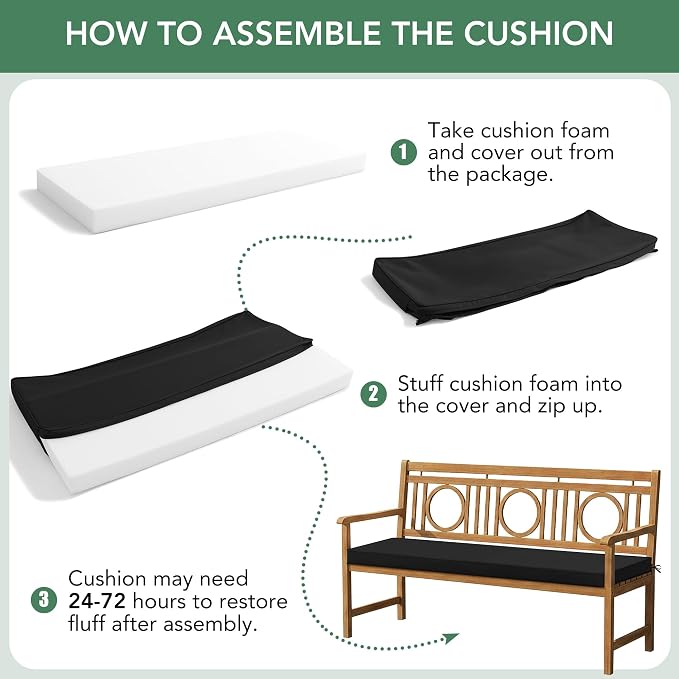 Summsun Outdoor Bench Cushion: Waterproof and Fade Resistant Patio Furniture Cushions - Non-Slip Bench Pad Cushion with Removable Cover for Garden Swing Porch Sofa Settee, 45 x 18 Inch, Black
