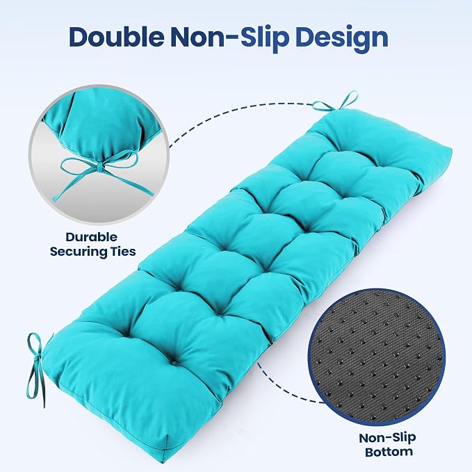 IASEAHK Outdoor Bench Cushion 59x18x5 Inch, Waterproof & Fade-Resistant Patio Furniture Cushions, Tufted Memory Foam Indoor/Outdoor Cushions for Couch Porch Swing with Non-Slip Backing & Straps, Teal
