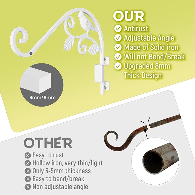 Outdoor Plant Hangers, 2 Pack 15.15 inch Swivel Plant Hooks for Wall Sturdy Wrought Iron Plant Hangers Outdoor, Hanging Plant Bracket Heavy Duty for Bird Feeders, Planters, Lanterns, Wind Chime,White