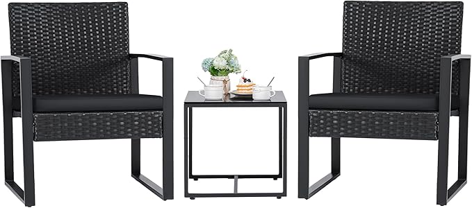 Flamaker 3 Pieces Outdoor Patio Wicker Furniture Set, Modern Rattan Chair Conversation Sets with Coffee Table for Yard and Bistro (Black)