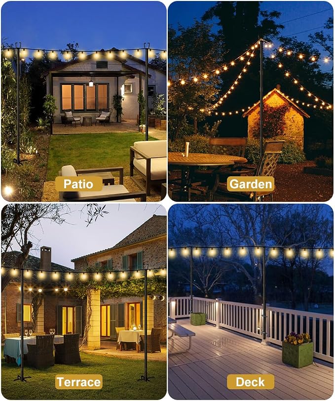 10FT String Light Poles for Outdoor Decor, Sturdy Light Pole with Hard Ground Base, Adjustable Metal Posts for Outside Patio, Backyard, Deck, Garden, Party, Wedding