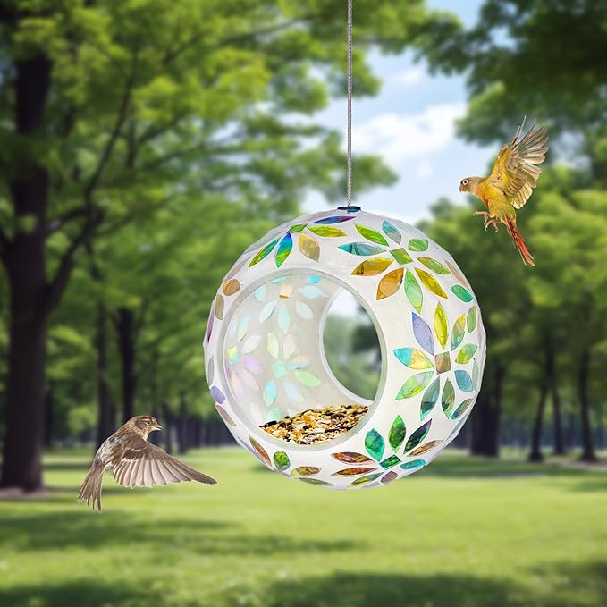 Hanging Bird Feeders for Outdoor Glass Mosaic Fly Through Wild Bird Feeder Round Shape Birdfeeder for Outside Garden Yard Patio Decoration Yellow