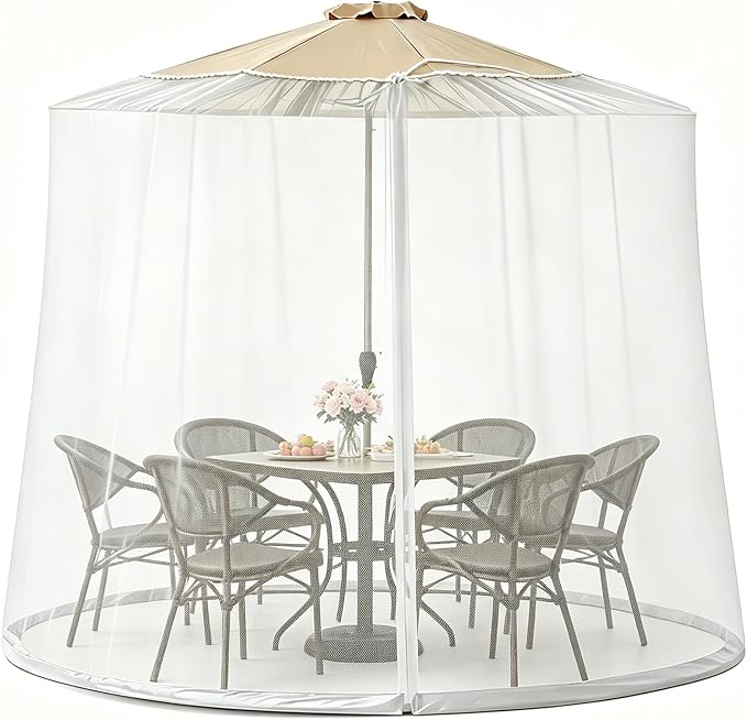 9-11 FT Outdoor Mosquito Netting for Patio, Windproof Universal Umbrella Mosquito Net for Patio Garden Backyards, Polyester Mesh Outdoor Umbrella Screen with Zipper (White)