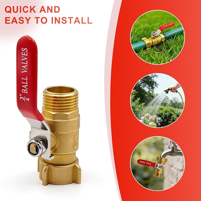 Heavy Duty 3/4" GHT Brass Garden Hose Shut Off Valve - Full-Flow Design, 304 Stainless Steel Handle, Corrosion Resistant for Outdoor Faucet, Sprinkler & Water Control