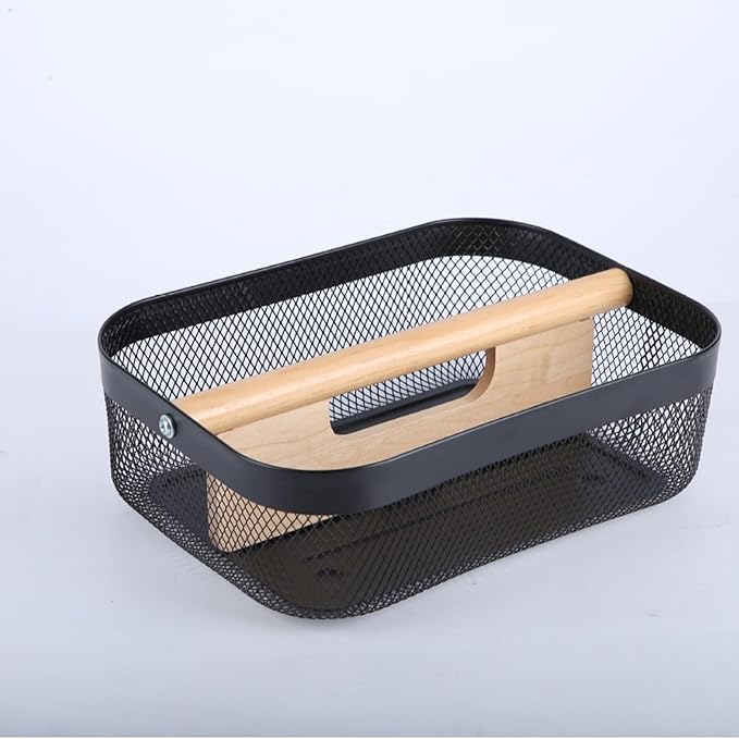 AJIODA Metal Mesh Steel Storage Basket, Garden Harvest Wire Organizer Basket Multi-functional Kitchen Fruit Basket with Wooden Removable Partition & Handle for Bathroom Picnic Decor Cabinet, Black
