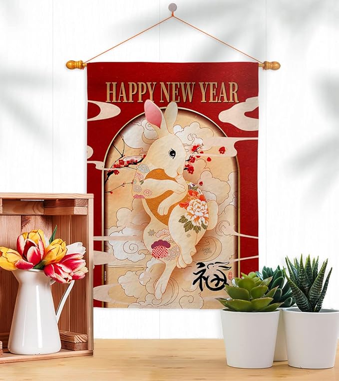 Lunar New Year of Rabbit Tapestry Home Decor Banner Wall Art Patio Porch Lawn Garden Flag Stand Pole Room Decorations Indoor Outdoor Spring Gifts Luck Arrive Chinese New Year Decorations Made in USA