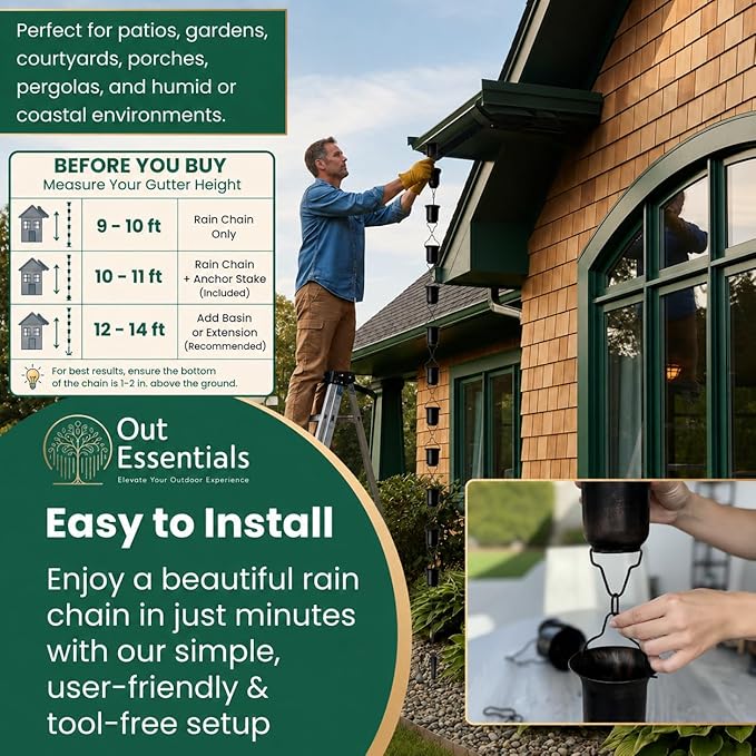 Copper Rain Chain 9 FT, 11 FT Installed with Anchor Stake and Gutter Adapter, Durable Heavy Duty Rain Chains for Gutters for Heavy Rain, Rust Resistant, Outdoor Decor for Homeowners