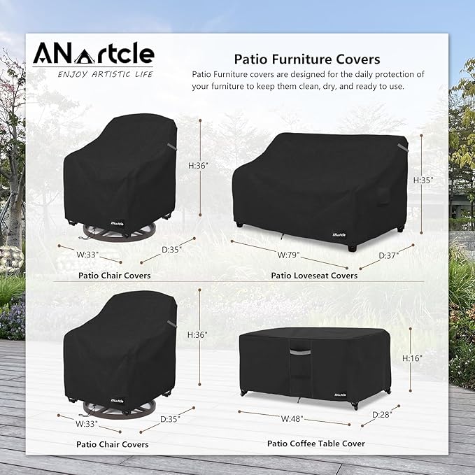 ANartcle Patio Furniture Covers 4 Piece Set, 600D Waterproof Heavy Duty Outdoor Furniture Covers,Fit Wicker Patio Sofa, Swivel Rocker Chair and Coffee Table,Black