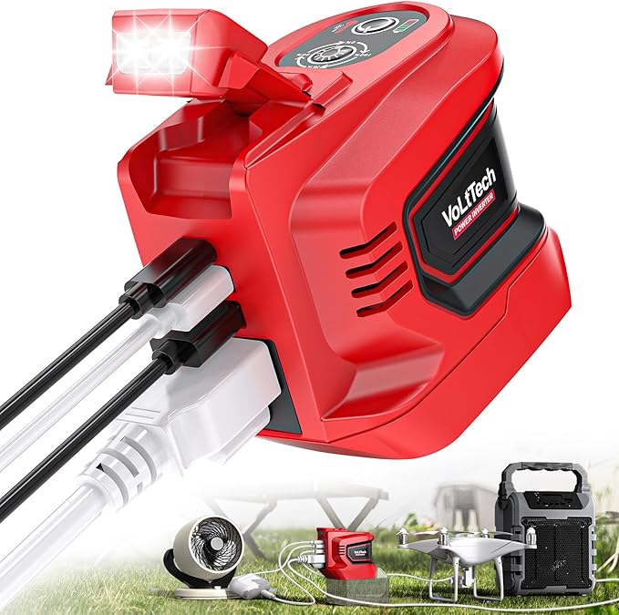 Real 200W Power Inverter Compatible with Milwaukee 18V, VoLtTech Battery Inverter 18V to 110V-120V, Phone Charger USB Charger Adapter Power Adapter with 2 USB Ports, 1 Type-C & 1 AC Outlet(No Battery)