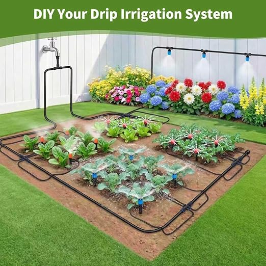 230FT Drip Irrigation System for Garden with 40 Nozzles & Emitters, Quick Connect Garden Watering System with 1/2" & 1/4" Tube, Adjustable Sprinklers Kit for Greenhouse, Lawn, Flower Beds, Raised Bed