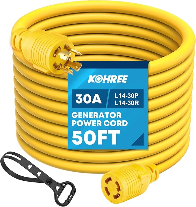 Kohree 50FT Nema L14-30 Generator Cord 30 Amp 4 Prong, Heavy Duty Generator Power Cord with Twist Lock, NEMA L14-30P/L14-30R RV Extension Cord 10 Gauge 125/250V, 7500W with Cord Organizer, ETL Listed