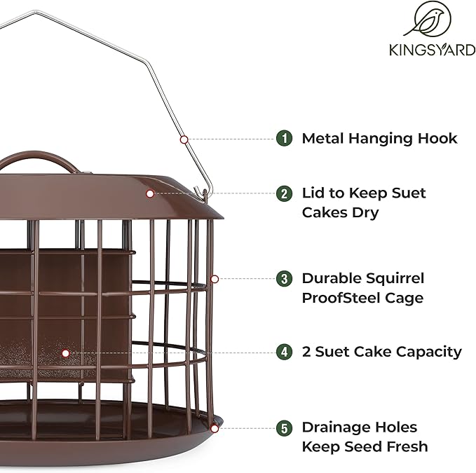 Kingsyard Squirrel Proof Suet Feeder, Cage Bird Feeders for Outdoors Hanging, All Metal, Double Suet Cake Capacity, Tray & Weatherproof, Brown