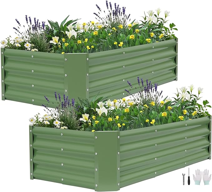 Galvanized Raised Garden Bed - 4x2x1ft (2Packs) Metal Garden Planter Box Outdoor | Steel Raised Bed Kit with Bracing Rods, Gloves for Gardening Vegetables Fruits and Flowers (Olive Green)