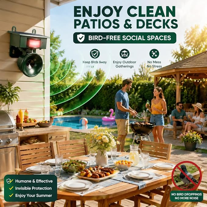 2026 Solar Ultrasonic Bird Repellent Devices Outdoor,Best Bird Deterrent for Pool,Pigeon Repellent for Balcony,Keep Crows Sparrows Starlings Out of Fruit Trees,Swimming Pool,Patio,Roof (2 Pack)