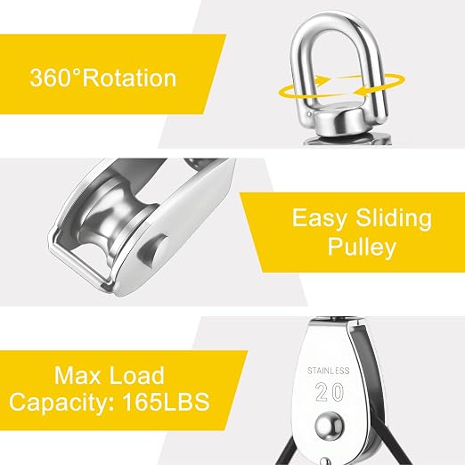 2 Sets M20 Cable Pulley System for Lifting Hanging, Including Heavy Duty Stainless Steel Single Pulley Block with 66FT Nylon Rope, Snap Hooks, Eye Pad Plate, Rope Cleat Hook, Loading 165lb