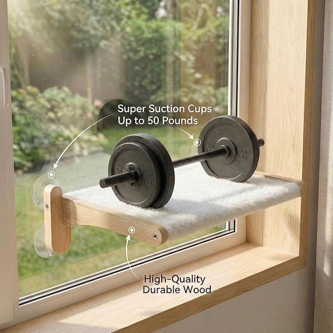Cat Window Perch with Bird Feeder – Foldable Hammock, Strong Suction Cups for Indoor Cats (Nature-2)