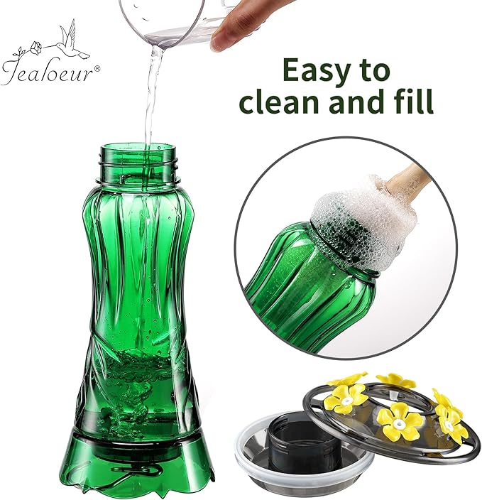 Jealoeur Hummingbird Feeder for Outdoors Hanging, 18 OZ Humming Birds Feeders with 6 Bee Guard Feeding Ports & Built-in Ant Moat, Easy to Clean, Durable Outdoor Garden Decor (Green 1 Pack)
