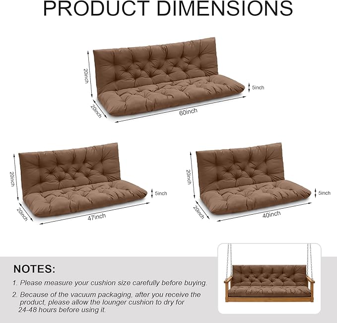 Porch Swing Cushions, Outdoor 3 Seats Swing Cushion Replacement Pad with Backrest, Waterproof Bench Cushion with Ties, for Porch,Garden,Backyard Furniture Patio Lounger (Coffee 60 * 40 in)