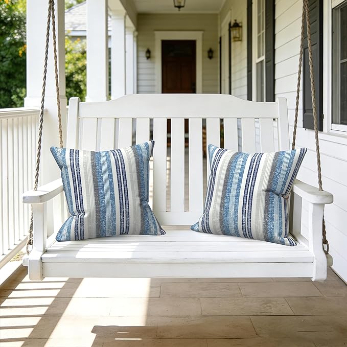 LVTXIII 2 Pack Outdoor Throw Pillow Covers for Patio Furniture, 16x16 Inch Square Pillow Case, Water-Repellent Cushion Covers for Garden, Porch, Sofa, Stripe Layered Blue